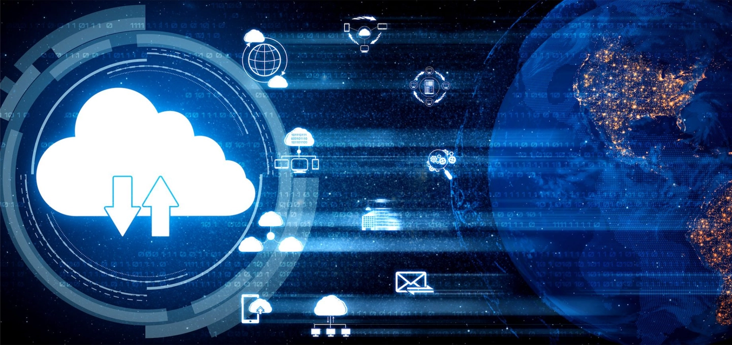 abstract, stylised cloud and IT imagery banner featuring a cloud and a globe