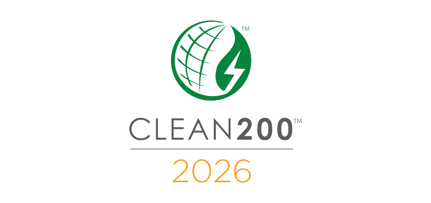 Logo featuring a green globe with a lightning bolt symbol above the text "CLEAN200" in gray and "2026" in orange. This logo likely represents a clean energy or sustainability initiative targeting the year 2026.