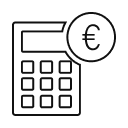 Outline of a calculator with a Euro symbol (€) inside a circle, representing cost savings.