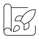 Line icon showing a rolled blueprint and a rocket inside a square, representing design, development and product launch.