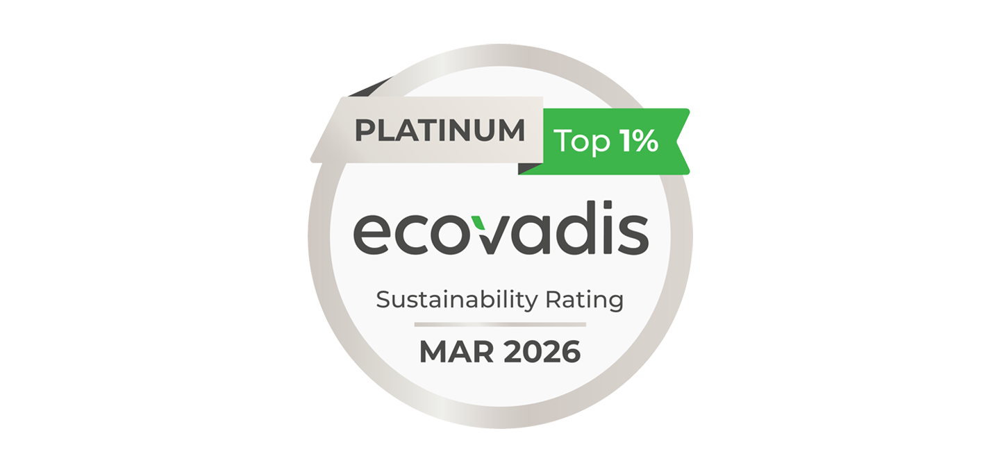 Badge graphic showing EcoVadis sustainability rating with a platinum label indicating top 1% performance. Circular design features gray and green colors with text highlighting rating validity until March 2026.