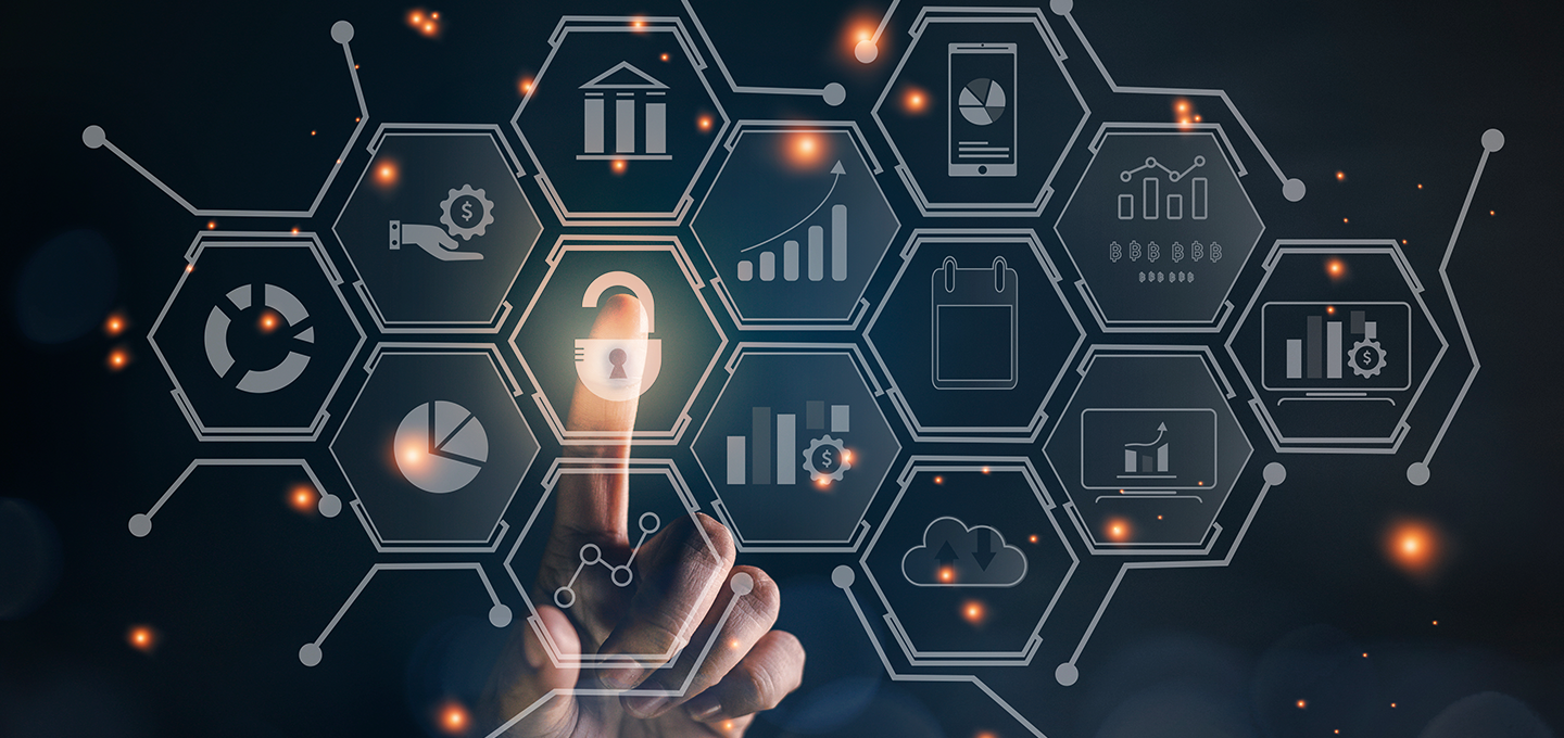 A woman is working at her desk as icons relating to document management appear next to her. She is reviewing a smart tablet held in her hand.