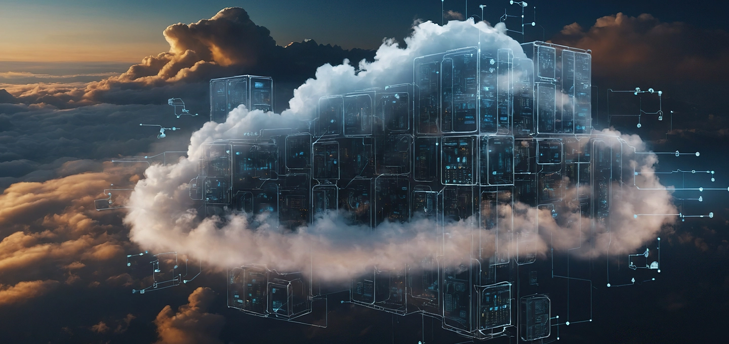 a stylised cloud with a digital ‘binary’ style background