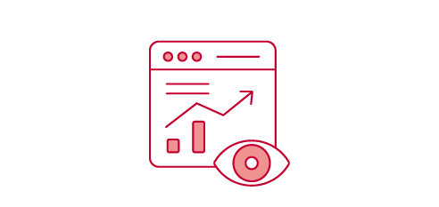  A pink icon of a web browser window shows a bar graph with an upward trend line and an eye symbol in the bottom right corner.