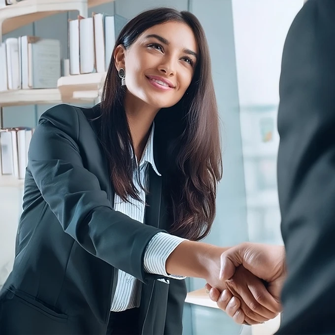 HR recruiter welcoming a new hire with a handshake.