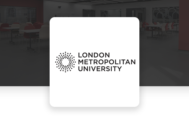 Classroom with tables and red-and-white chairs, overlaid with the London Metropolitan University logo.