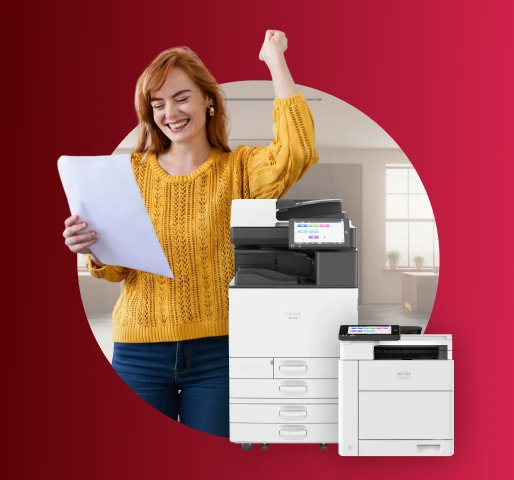 Person holding documents beside office printers in a circular frame on a red gradient background.