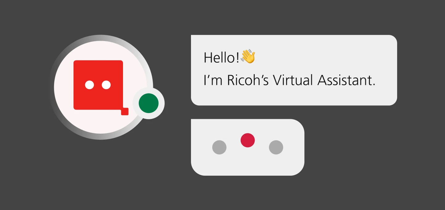 A chat bubble with a red square and a green dot, with text that says "Hello! 👋 I'm Ricoh's Virtual Assistant."