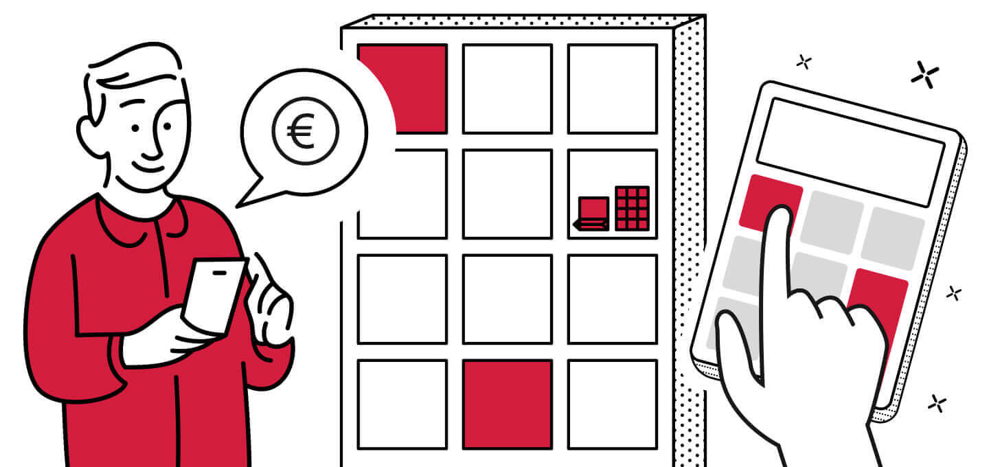 A boy with a calculator an a Ricoh Smart locker behind