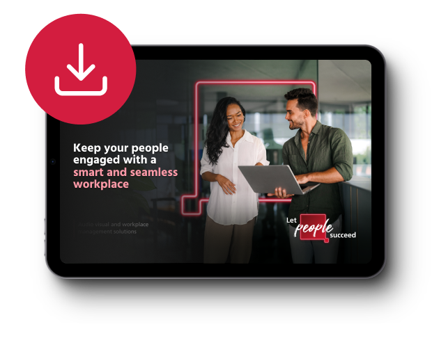 Smart workplace guide cover showing two colleagues reviewing a laptop in a modern office.