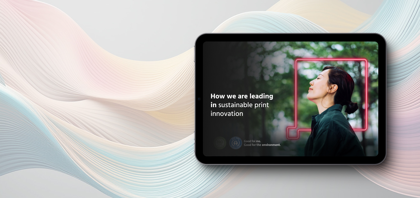 A digital graphic featuring a tablet screen displaying a woman looking upward with a red line framing her profile, accompanied by text about leading in sustainable print innovation. Background consists of flowing pastel-colored wave patterns in beige, blue, and pink, creating a modern and clean visual context.