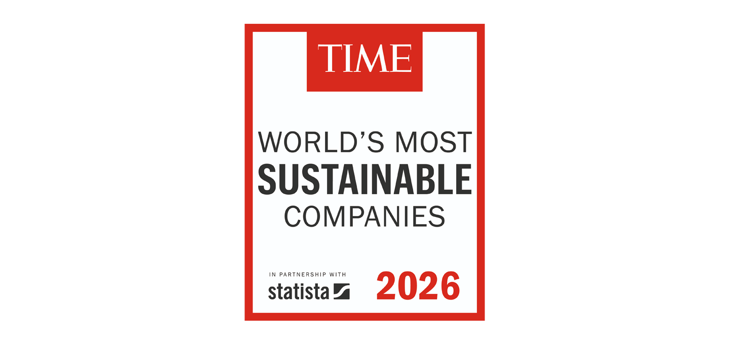 Logo-style graphic presenting "World's Most Sustainable Companies 2026" by TIME in partnership with Statista, indicating a future-focused sustainability ranking. The design features bold red and black text within a red-bordered rectangle, emphasizing the year 2026 as a key milestone.