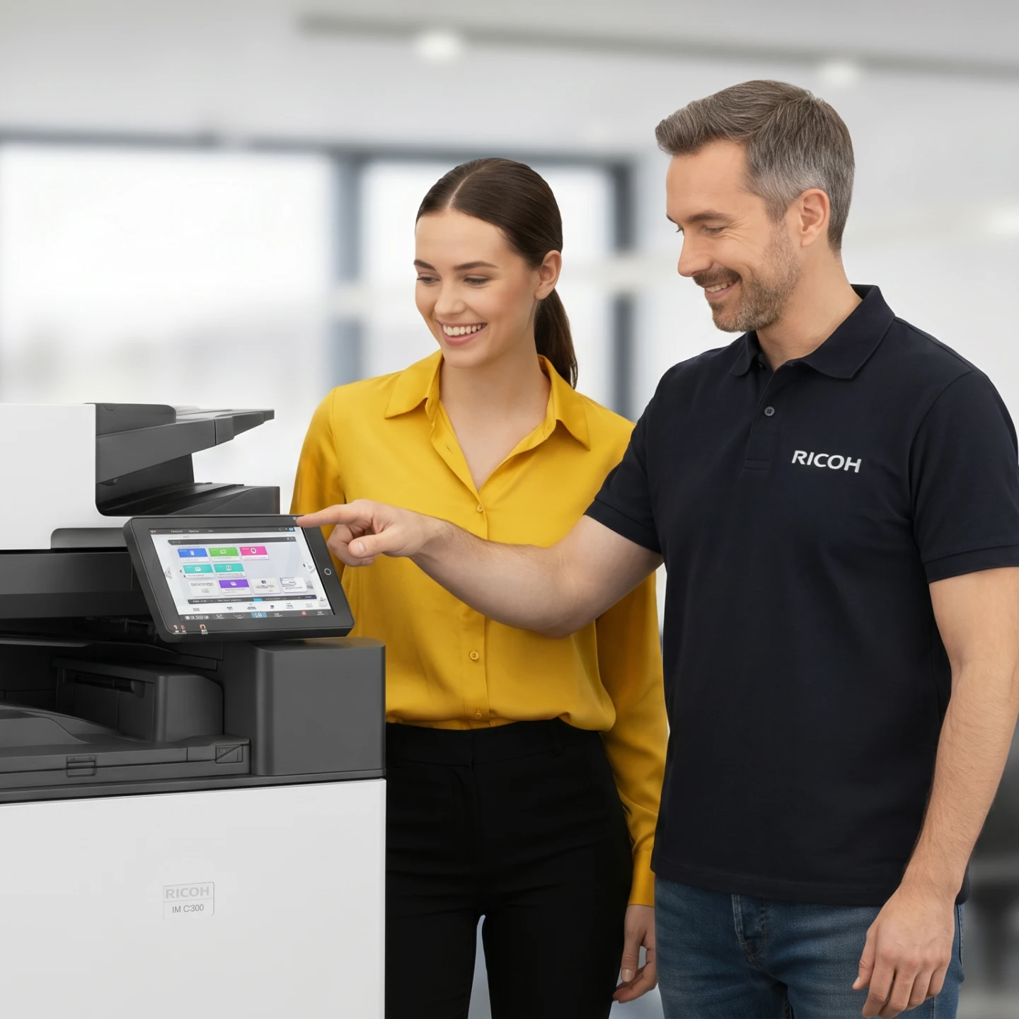 Two people beside a Ricoh multifunction printer, one pointing at the touchscreen panel in an office.