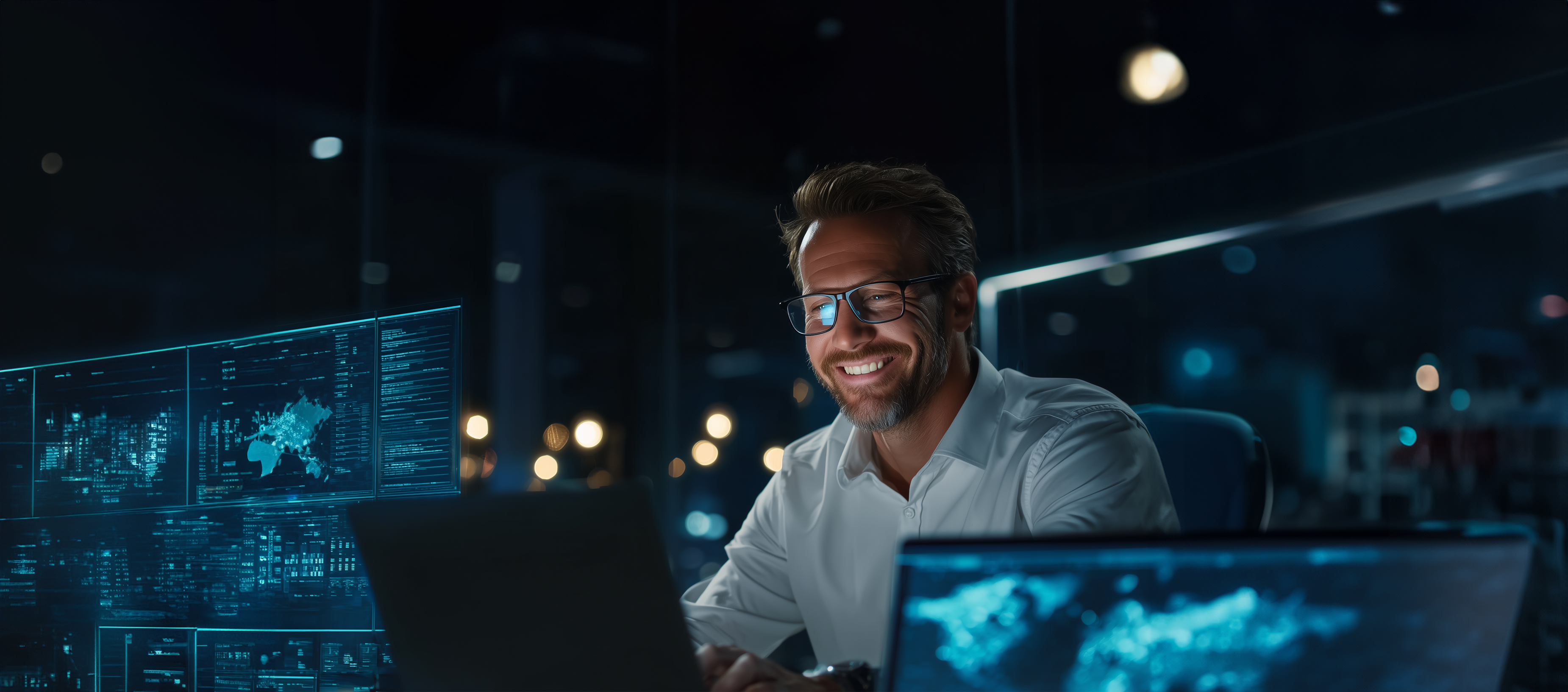 Dedicated professional smiling while working late on data analysis and holographic screens in a modern office. Smiling businessman successfully analyzing data and market trends on multiple screens late at night.