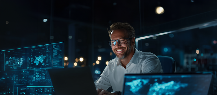 Dedicated professional smiling while working late on data analysis and holographic screens in a modern office. Smiling businessman successfully analyzing data and market trends on multiple screens late at night.