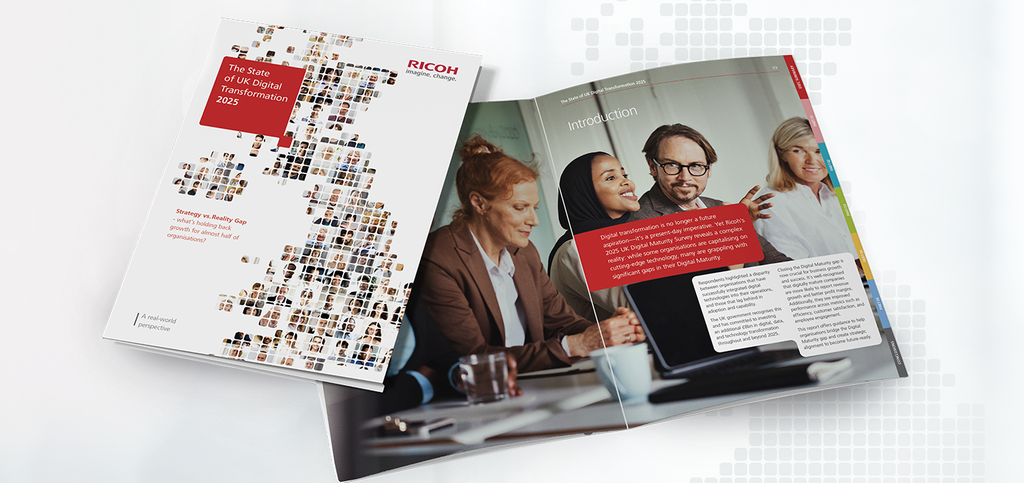 Open magazine featuring "The State of UK Digital Transformation 2023" cover with pixelated images. Inside, four smiling professionals in discussion. Tone: modern, collaborative.